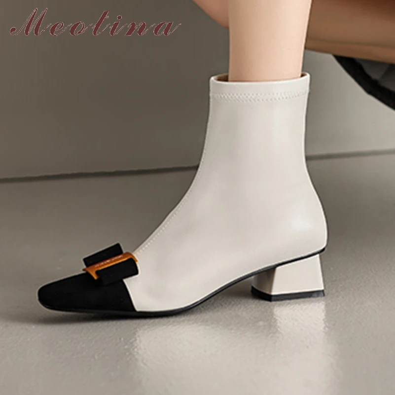 

Meotina Women Genuine Leather Ankle Boots Square Toe Thick Mid Heels Bow Metal Decoration Zipper Short Boots Ladies Shoes Winter