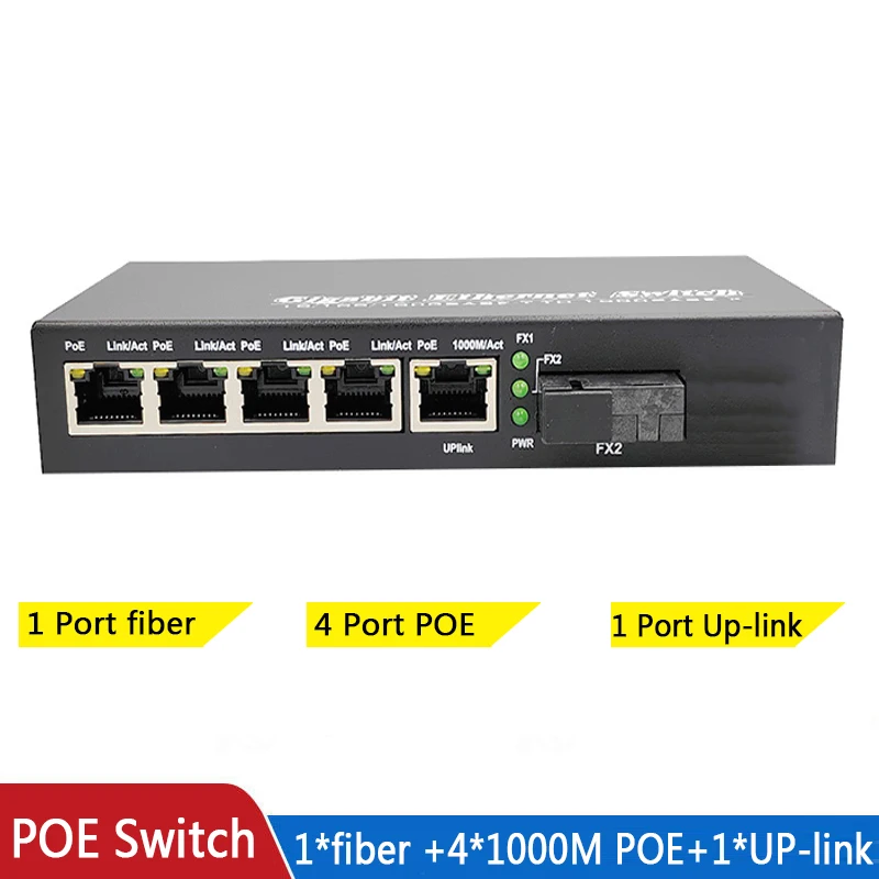 poe switch 1 SC fiber port 5 RJ45 Gigabit ethernet poe 10/100/1000M media conve