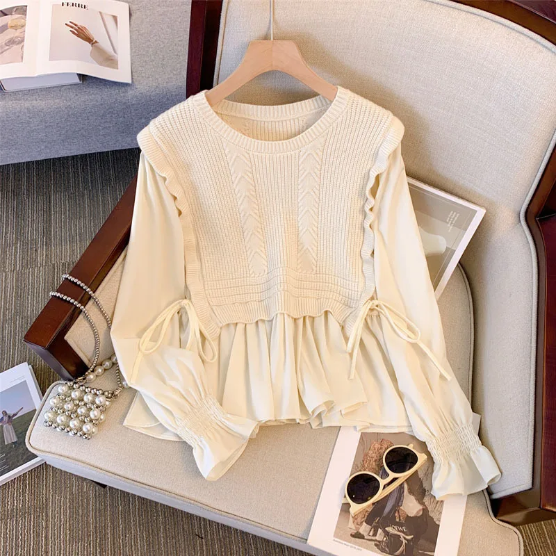 

2023 Women's Autumn Sweater Loose Fake Two Pieces Knitwear Patchwork Casual Slim Versatile Top Round Neck Long Sleeve Pullover