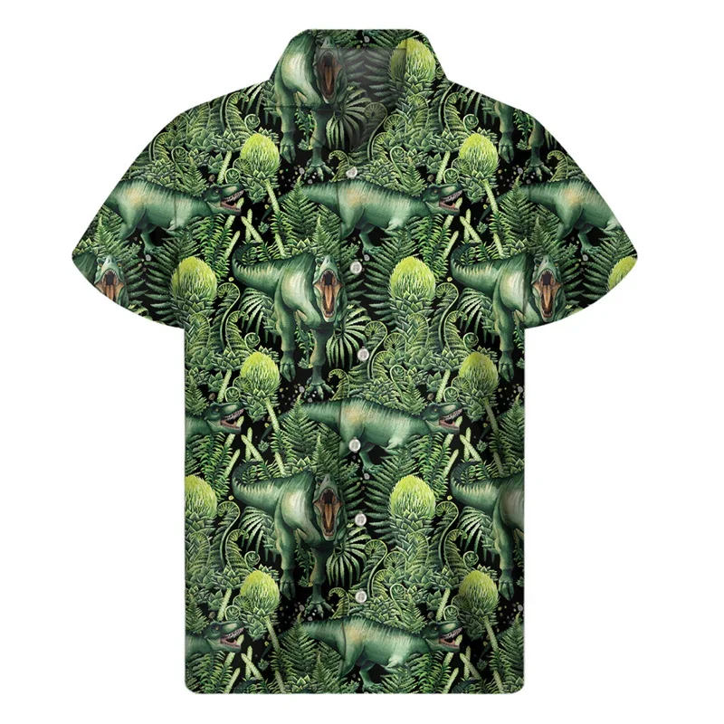 thumbnail image 1 of Camisas hawaianas con estampado de dinosaurios para hombre, camisa de verano con solapa y estampado 3D de animales, blusa holgada de manga corta con botones para la calle, 1 of 5