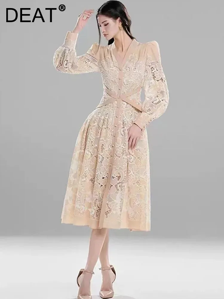 

Женское однобортное платье с вышивкой DEAT, кружевное ажурное Повседневное платье составного кроя с перекрестной вышивкой, 13 db4890, весна 2024