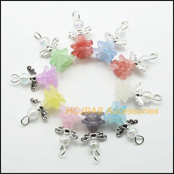 

20Pcs Silver Plated Mixed Acrylic Morning Glory Flower Angel Charms Pendants 14x25mm