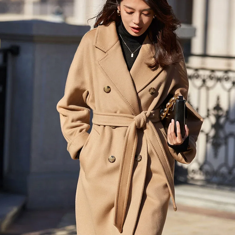 

2022 Top 10% Pure Cashmere Gold Double Face Cashmere Brand Coat Women's Mid Length Luxury Wool Classic Camel Max Coat for Women