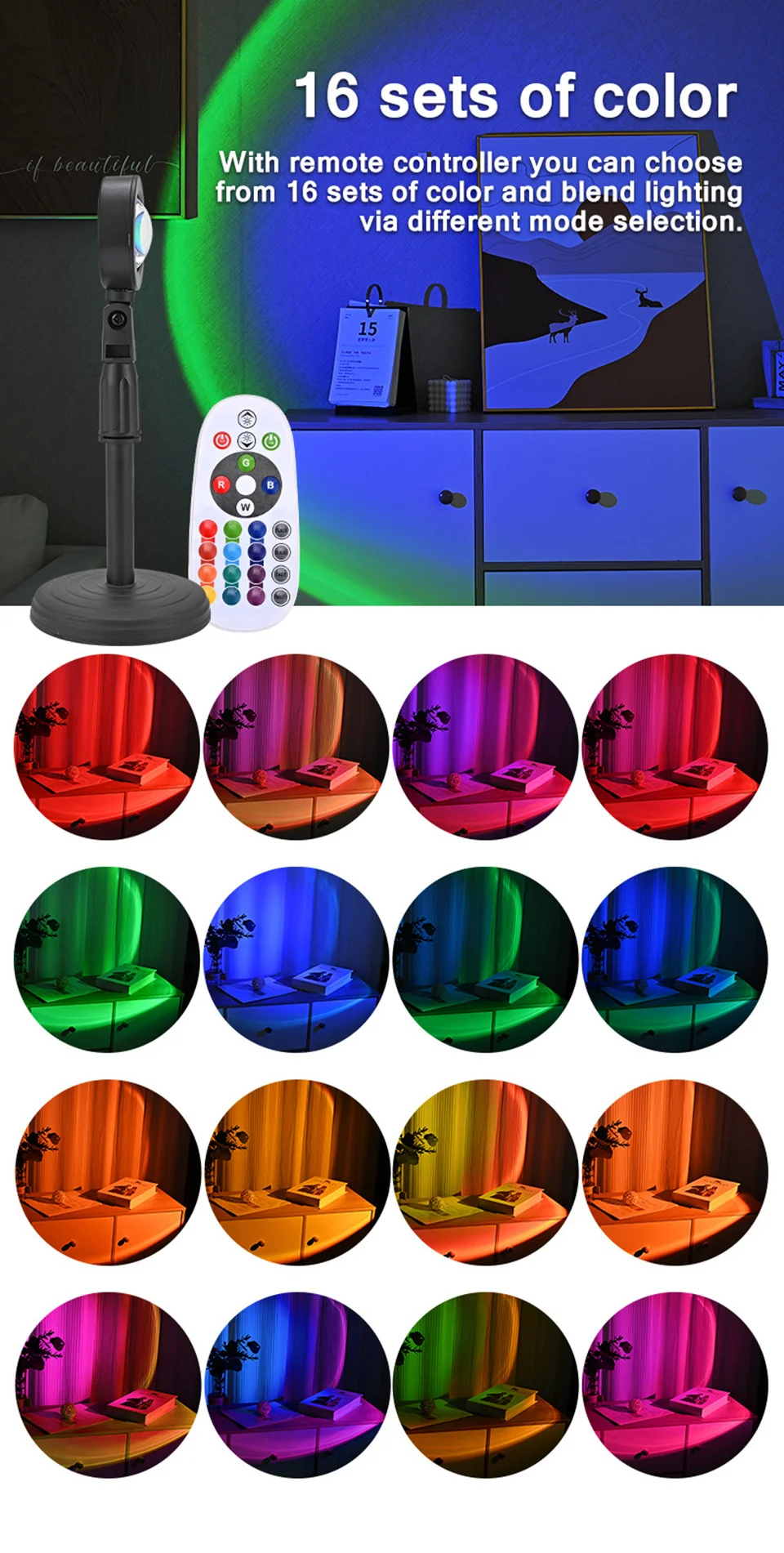 16 Colors Sunset Light USB LED Projection Desk Lamp Remote RGB Night Light Ambient Lighting for Photography Party Room Decor