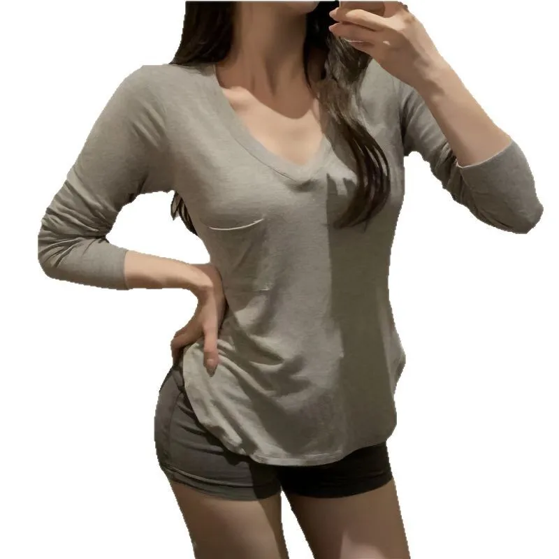 Women Long Sleeve V Neck Solid Color T Shirt