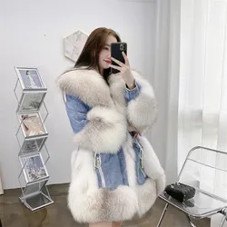 2024 Winter new fashion Faux Fox Fur Denim Patchwork Fur Coat Women Jeans Jacket female Cotton Warm Parkas Loose Outerwear R376