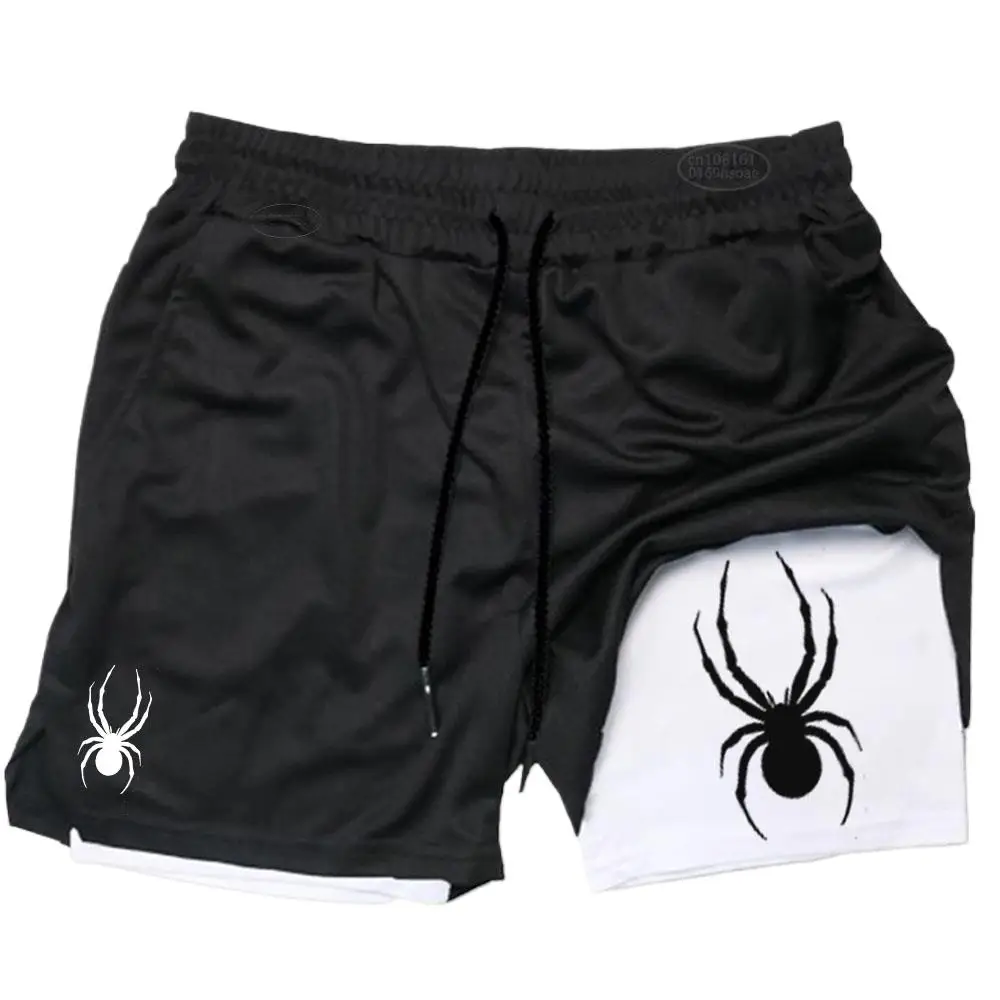 2025 Summer New Spider Men's Sports Shorts 2 in 1 Gym Running Shorts Jogging Casual Sportswear Fitness Double Layer Shorts