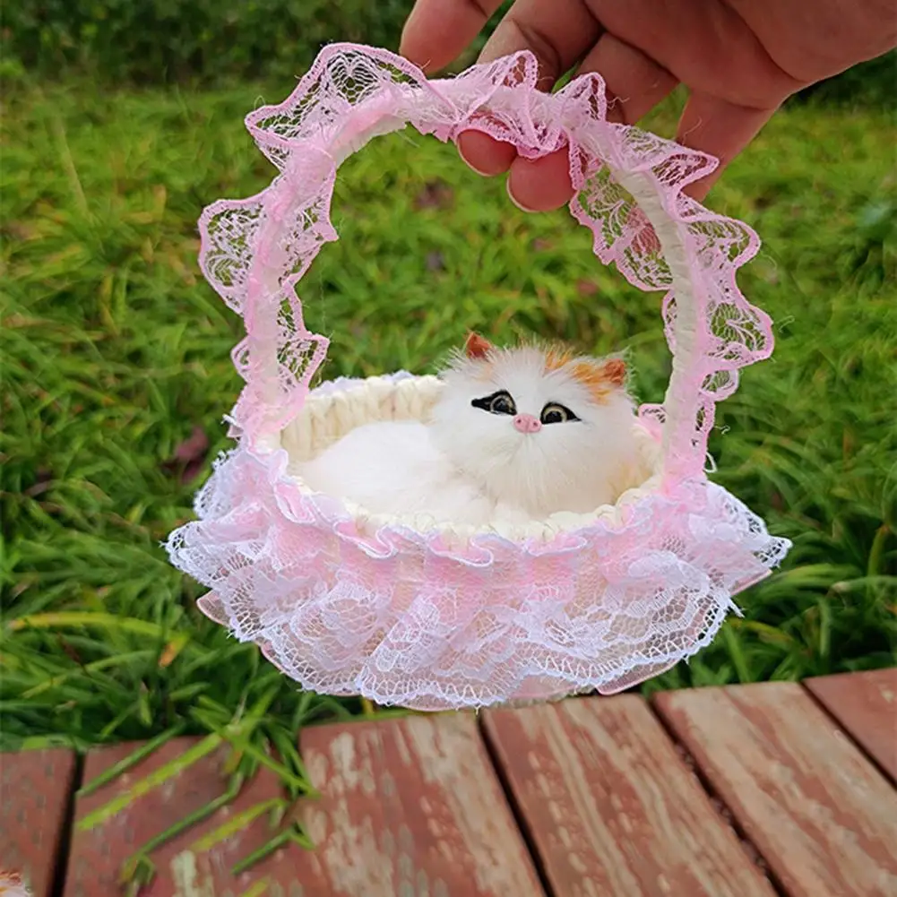 Simulated Cat Toy Plush Cat Toy Lace Flower Basket with Sound Realistic Simulated Fur Kitten Model Ornament for Kids Pet