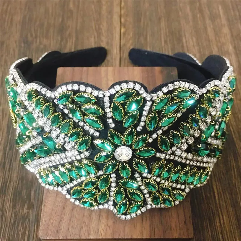 8CM Wide New Design Luxury Baroque Rhinestone Headband For Women Full Crystal Diamond Green Hairband Hair Accessori Girls Gift