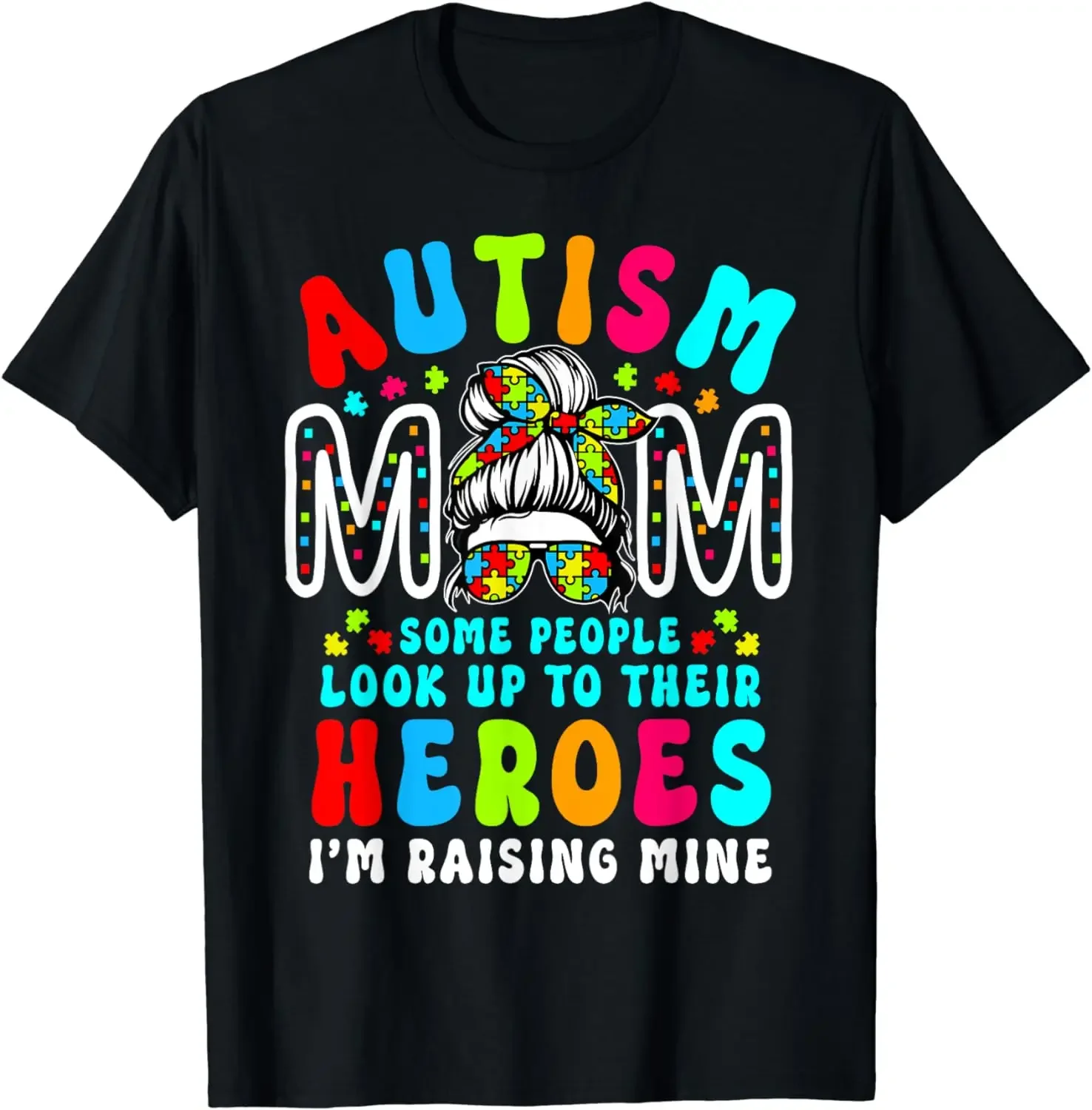 

abbigliamento donna top magliette grafiche Autismo mamma Raising Hero Groovy disordinato Bun autismo consapevolezza T-shirt