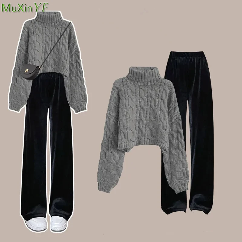 Women Autumn Winter Turtleneck Sweater Black Pants 1 or Two Piece Set Lady Basic Warm Knit Tops Trousers Outfits 2023 New Suit