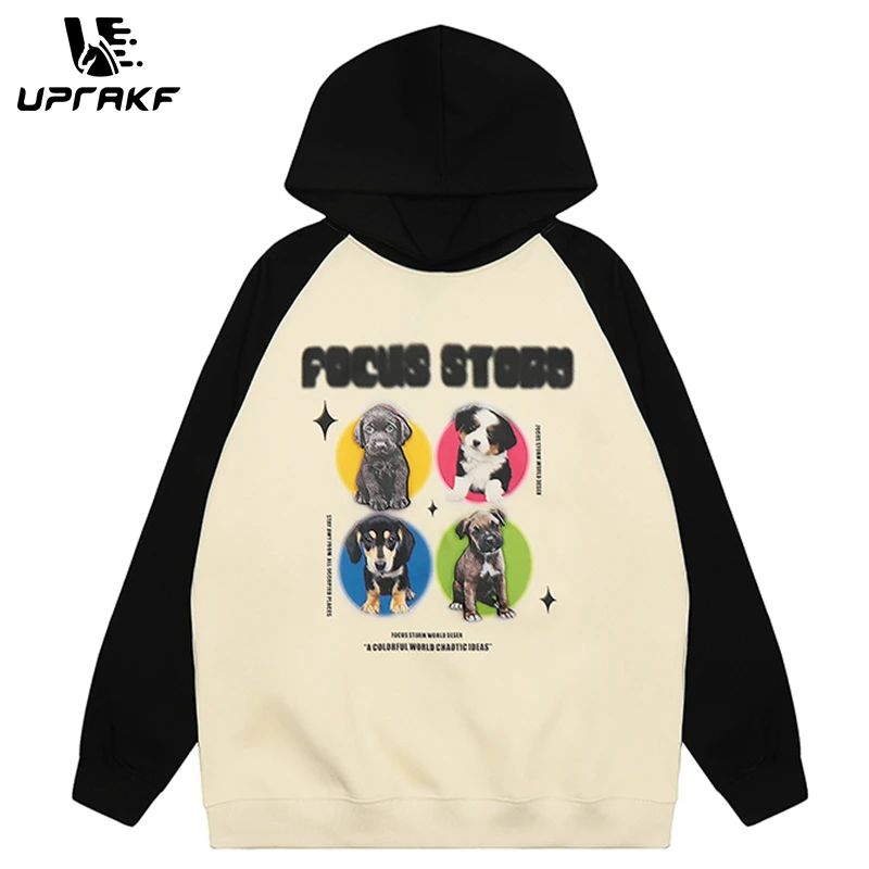 

UPRAKF Dog Star Graphic Print Color Contrast Hoodie Raglan Sleeve Oversize High Quality Fashion Pullovers Autumn Cotton Hip Hop