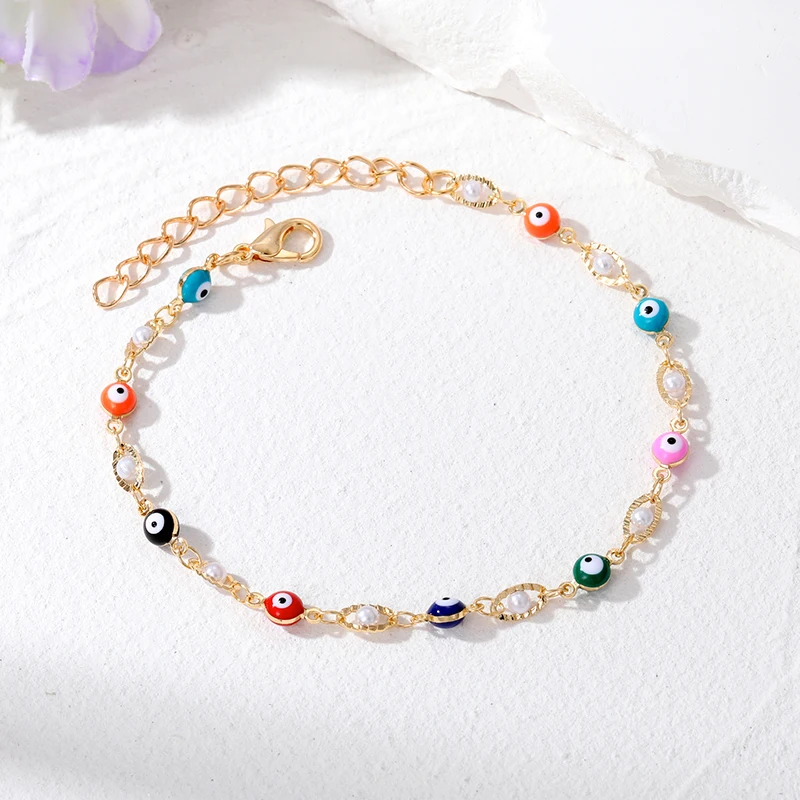 Beaded Bracelet Turkish Evil Eye Hamsa Hand Flower Beads Bracelet Women Boho Lucky Blue Eye Fatima Hand Adjustable Anklet Chain Wedding Jewelry