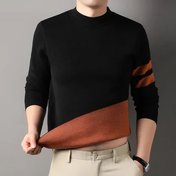 Maglione di lana da uomo a doppia faccia a contrasto di colore Semi-dolcevita Anti-pilling maglione a righe lavabile in lavatrice di seta di gelso 1