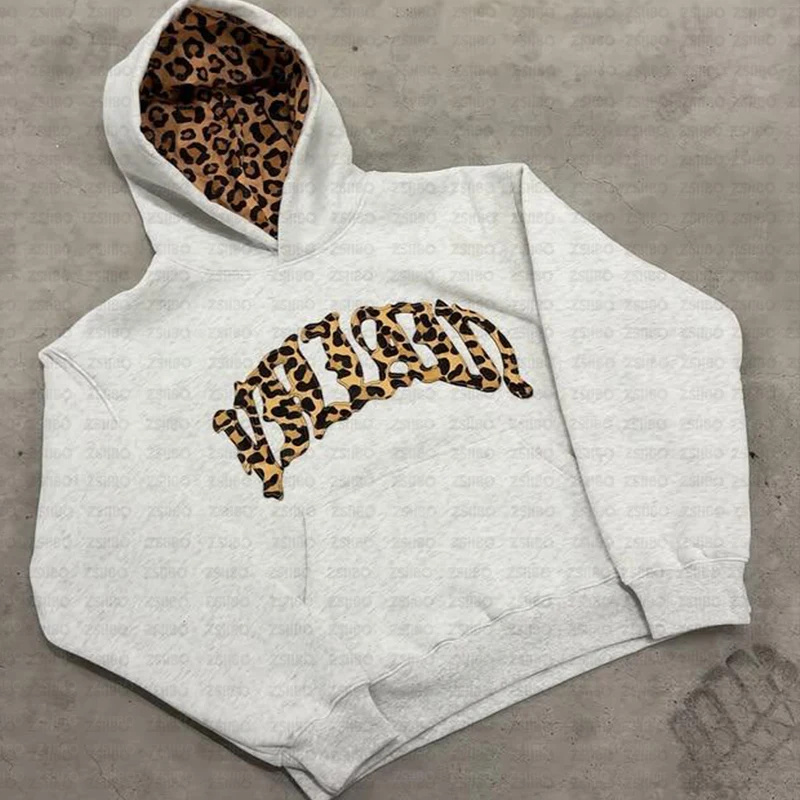 הודי אפור עם אותיות ליאופרד אמריקאיות הראג'וקו לגברים ונשים, סגנון רחוב פופ היפ הופ ראפ זוגי