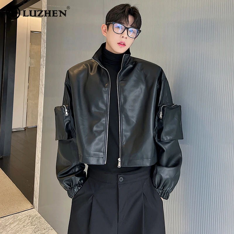 

LUZHEN 2024 Spring Korean Elegant Casual Leather Coat Men's PU Big Pockets Decorate Design Loose Trendy Jacket Streewear Aadff9