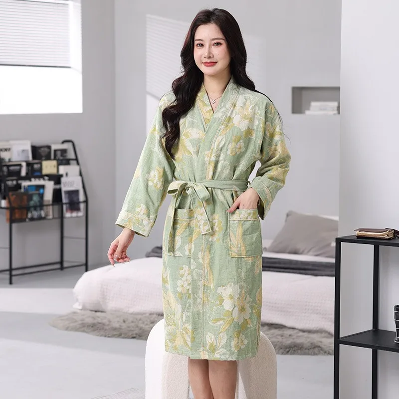 Cotton Two Layers Gauze Kimono Robes Couples New Women And Men V Neck Bathrobe Nightgown Print Female Home Clothes