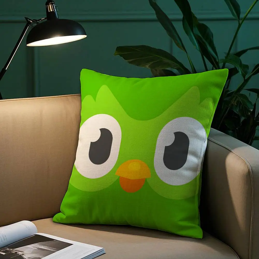 D-Duolingo Owl D-Duo 베개 케이스 짧은 플러시 프린트 쿠션 커버 스퀘어 스로우 베개 커버 소파 홈 장식