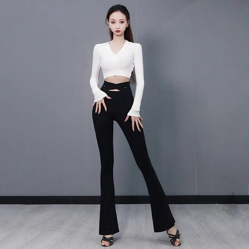 

New Latin Ballroom Dance Clothes Women Long Sleeves Tops Black Pants Cha Cha Rumba Latin Practice Wear Adult Costume DNV17310