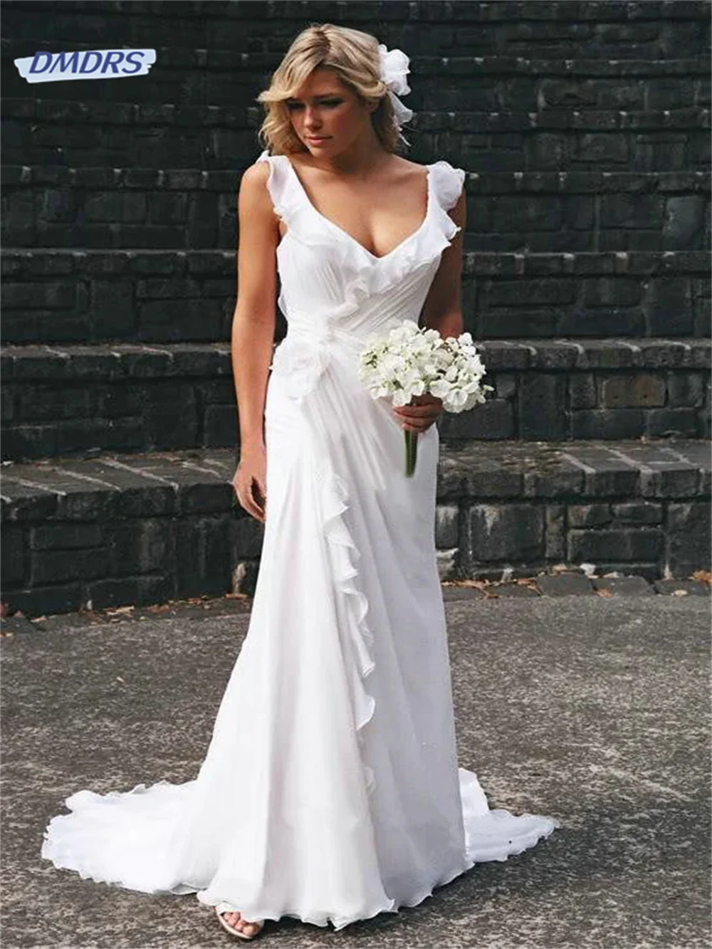 

Simple V-neck Floor-length Wedding Dress Beach Tank Sleeve A-line Bridal Gown Elegant Vestidos De Novia