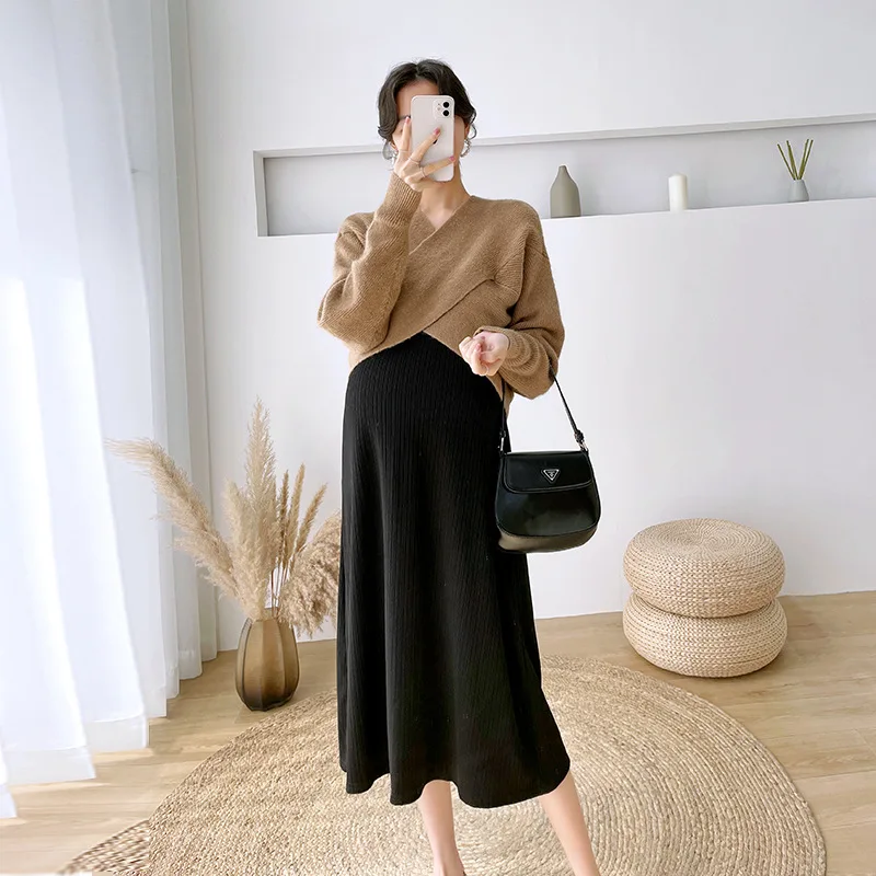 

Spring Fashion Autumn Maternity Knitting Dresses Clothes For Pregnant Women 2023 New V Neck Pullover Sweater Dress 2 Piece Sets