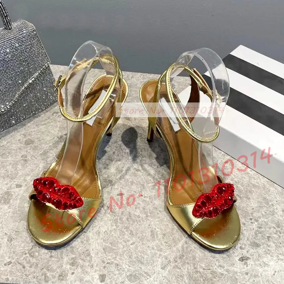 

Diamond Red Lips Heeled Sandals Women Luxury Suede Real Leather High Heels Shoes Ladies Open Toe Summer Ankle Strap New Sandals