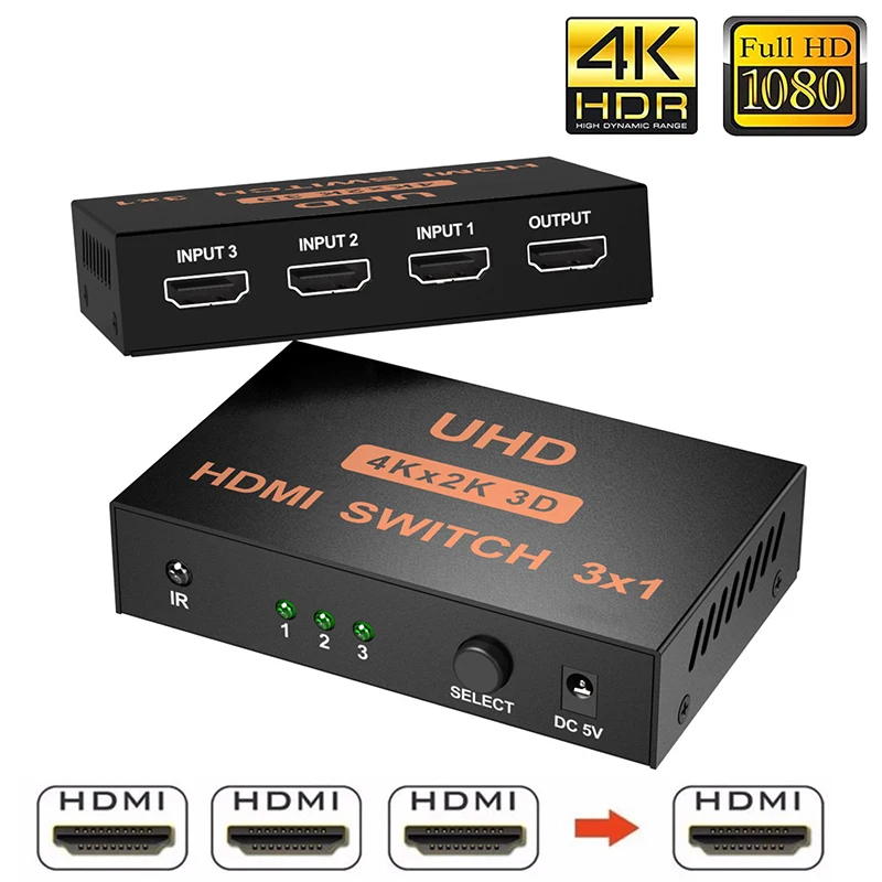 Nuovo 4K X 2K 3X1 Hdmi Switch Full Hd Hdmi Video Switcher Selector 3 In 1 Out Hub Adapter Con Telecomando Per Dvd Hdtv Pc Laptop