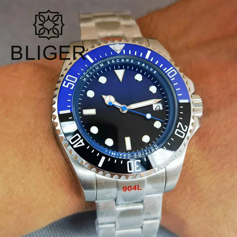 

BLIGER 43mm Oyster Perpetual Deepsea Diving Watch For Men NH35A MIYOTA 8215 PT5000 Automatic Sapphire Glass Blue Black Bezel Dia