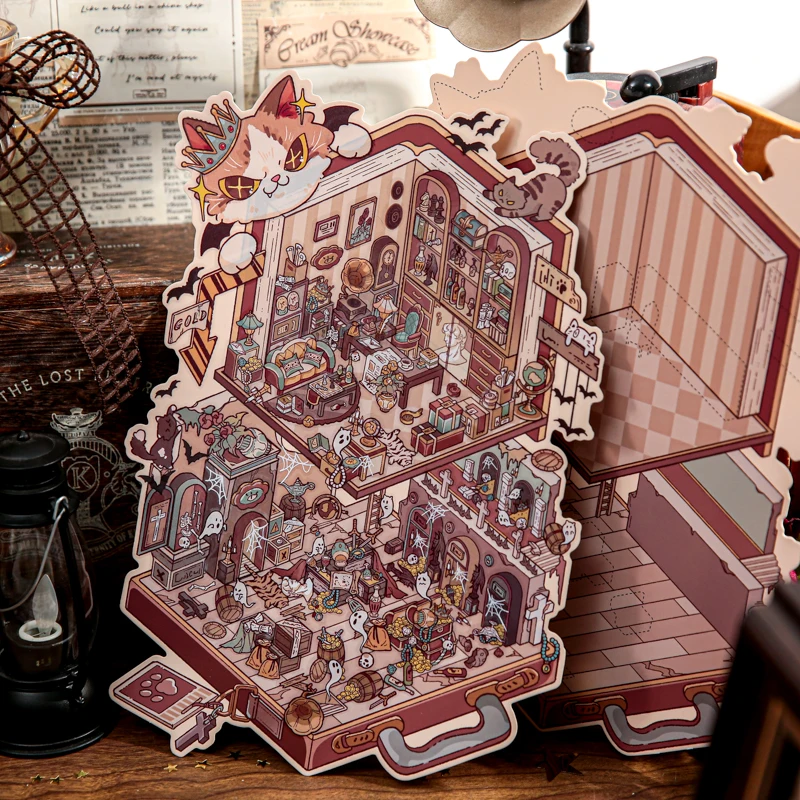 카와이 고양이 왕 3D 의 정자 찾기 풍경 스티커 DIY 포켓 캐빈 장면 축제 선물 ?
