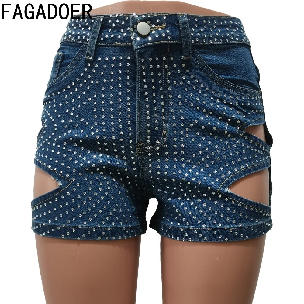 FAGADOER Summer New Rhinestone Hole Hollow Denim Shorts Women High Waisted Button Pocket Jean Fashion Trend Cowboy Streetwear