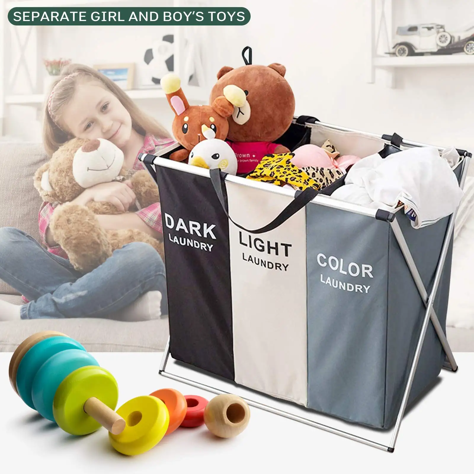 Laundry Basket Sorter 180L 3 Section Collapsible Laundry Hamper Organization Dirty Clothes Hamper Bag Storage Organizer
