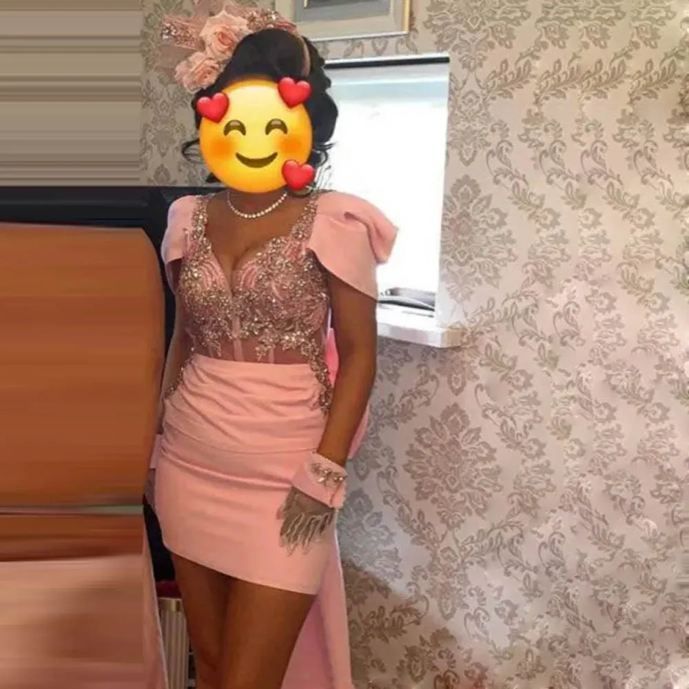 Mini Cocktail Party Dresses With Cap Sleeves Exposed Boning Beads Appliques Aso Ebi Girls Birthday Dress With Bow Prom Gowns
