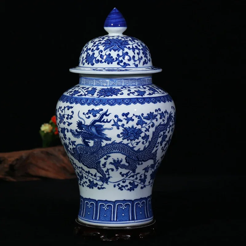 Chinese Blue and White Porcelain Floral Temple Jar Vase Dragon landscape Ceramic Ginger Jar with lid Oriental vases decoration 2