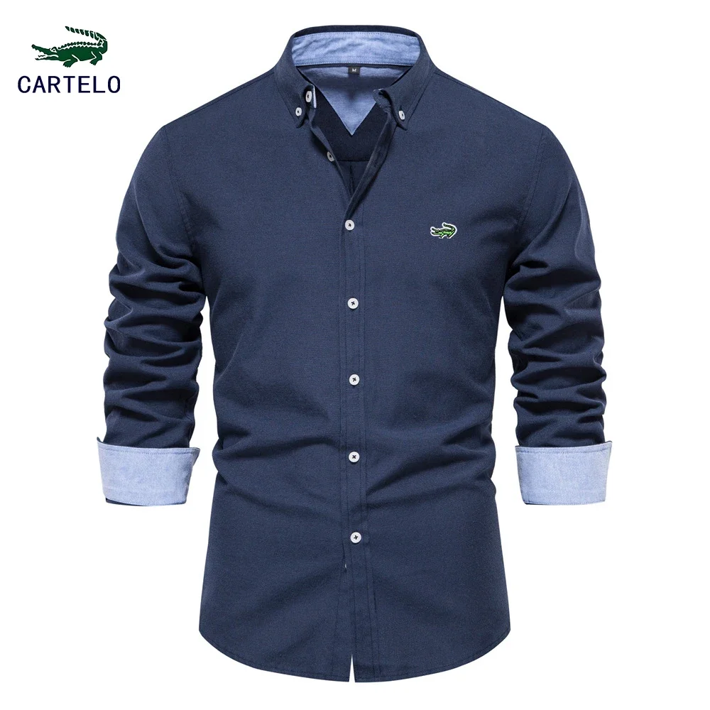 

New Autumn Long Sleeve Oxford Men's Shirts Solid Color Embroidery Turn-down Collar Blouse Social Shirts for Men Designer Clothes
