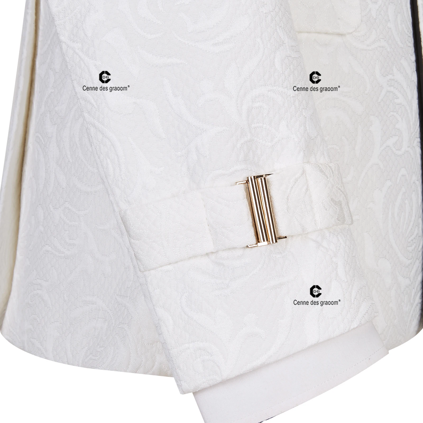 Cenne Des Graoom 2024 Men Suits Black and White Floral Paisley Tuxedo Pants Double Breasted with Single Metal Side Buckle Dinner 4