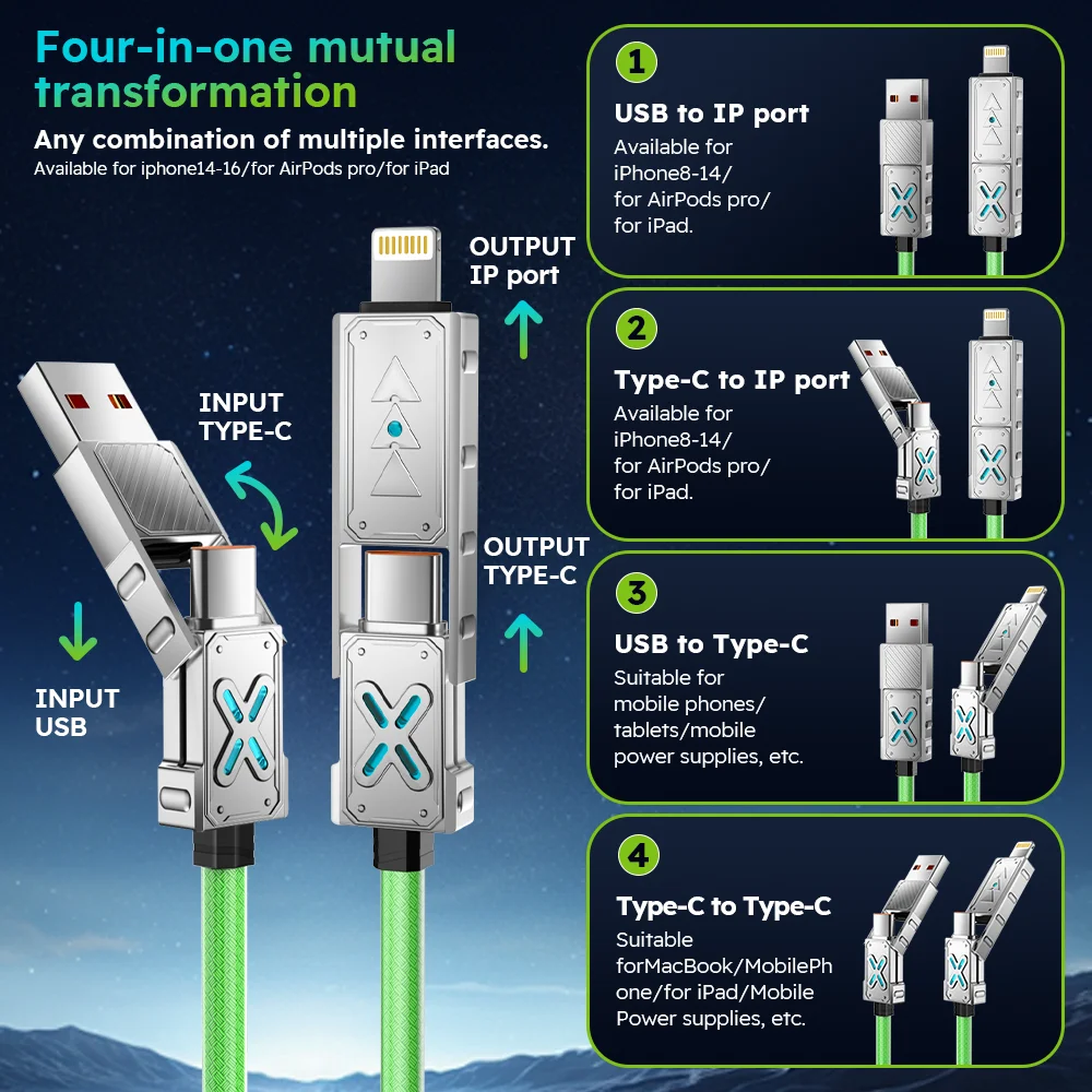 4 In 1 Fast Charging Cable With Zinc Alloy Connectors Usb A/c To Lightning/type C  For Iphone/ipad/android/laptops, Alina Gadgets
