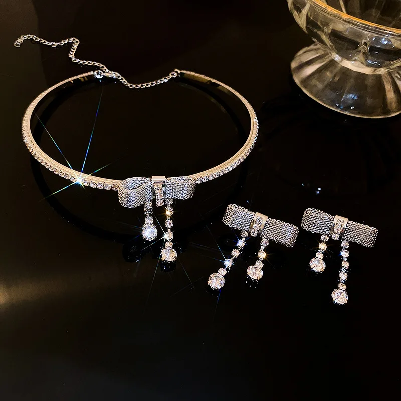 

Металлический ожерелье с бантиком из циркония, чокер и серьги, французская индивидуальная бижутерия ручной работы «сделай сам»