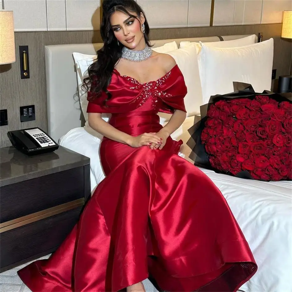 

Винтажное платье-Русалка с открытыми плечами, плиссированные красные атласные вечерние платья до пола с открытой спиной для выпускного вечера