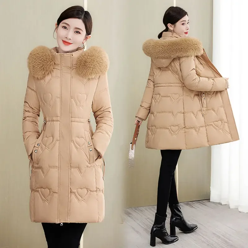 

*Winter Coat Women Fashion Mid Length Slim Fit Thicke Warm Large Wool Collar Hooded Cotton-Padded Clothes Coats Outerwear Female