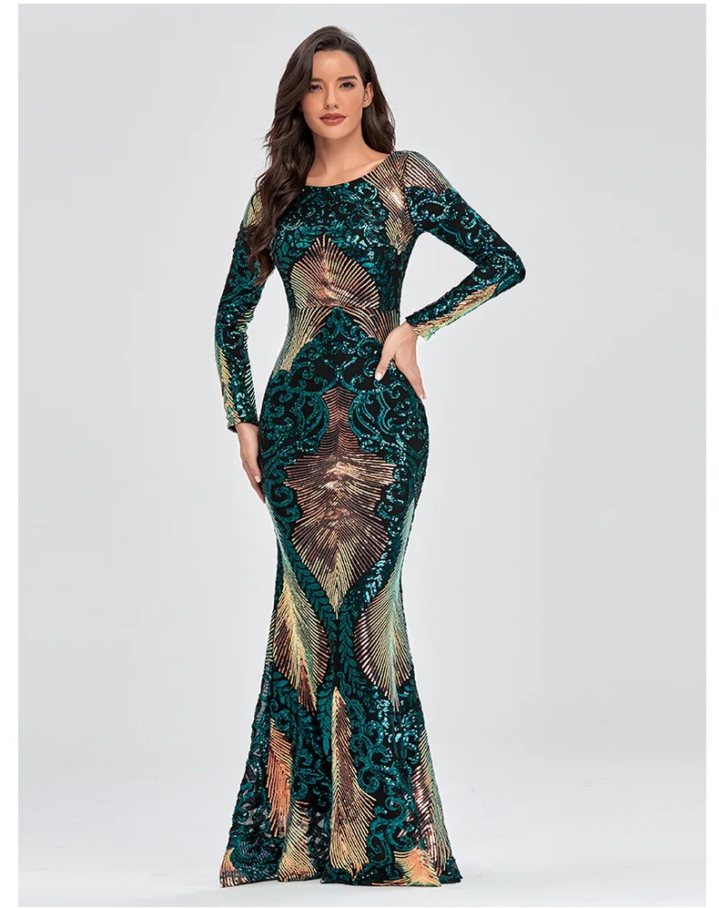 

Elegant High Elasticity Sequined Long Sleeve Dress 2024 Female Vintage Backless O-neck Collar Maxi Evening Party Mermaid Dresses