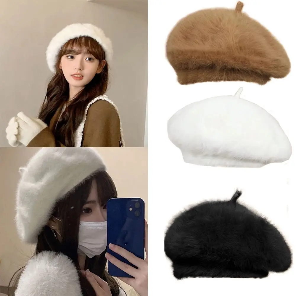 Beret Hat Warmer Plush Flat Hats Solid Color Thicken Autumn Winter Cap Clothes Accessories Panama Hat Warm Beanie Party Woolen Beret