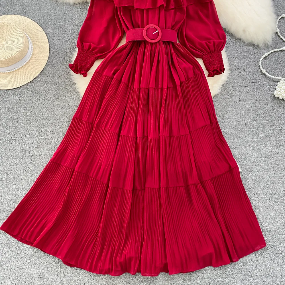Women Vintage Off Shoulder Dress Chiffon Summer Sweet Lotus Leaf Edge Elegant Pleated Dresses Ladies Evening Party Long Dress
