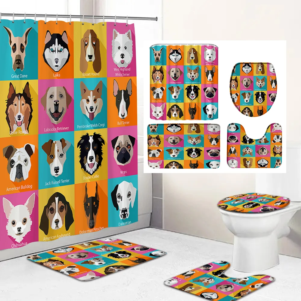

Cartoon Cute Dog Printed Shower Curtain Waterproof Bathroom Curtains Set With Toilet Lid Cover Non-slip Rug Mat Carpet Decor