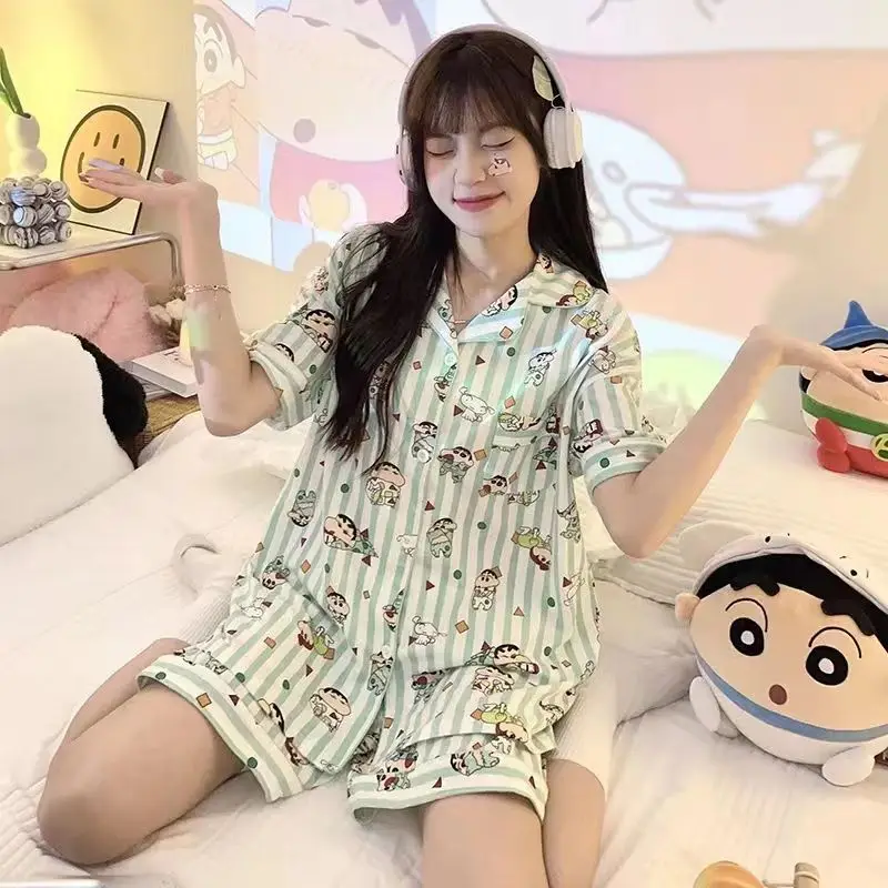 Cute Pijama for Girls Students Sleepwears Summer Shorts Stripe Homesuit Janpan Kawaii Loungewear Women Pajamas Set Party Cozy