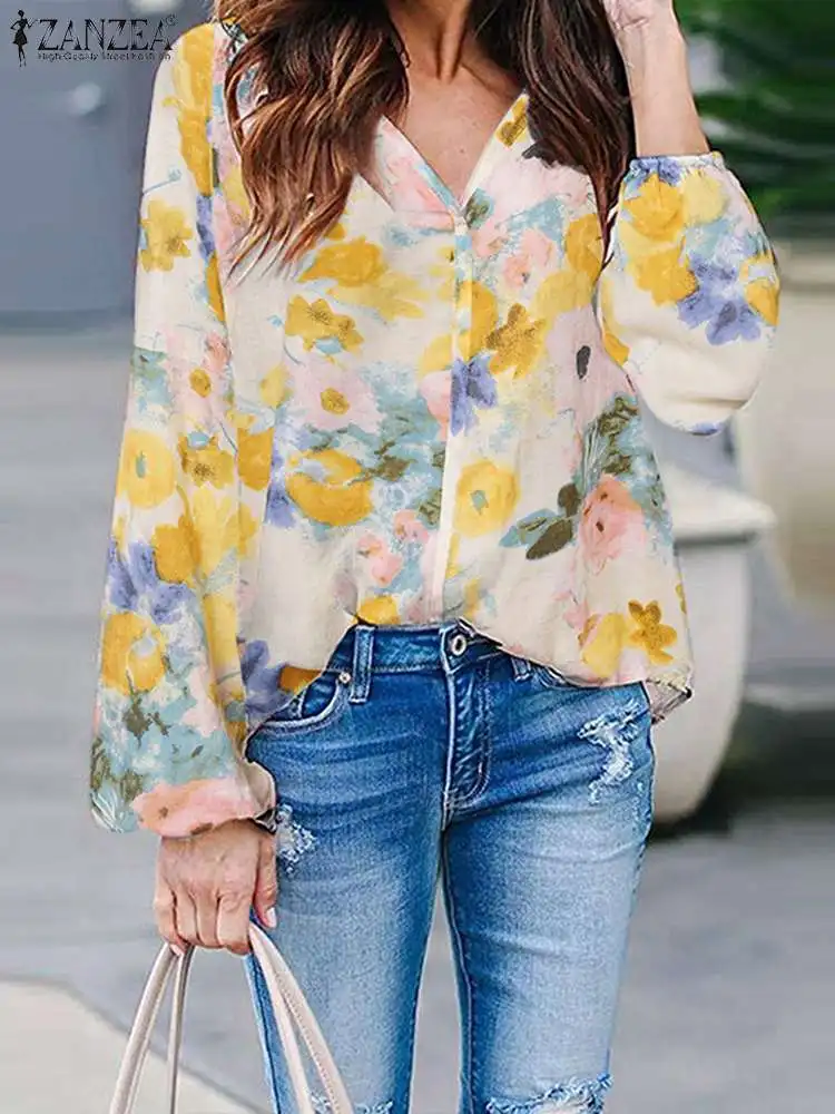 

ZANZEA Vacation Bohemian Blouse Long Sleeve V-neck 2023 Summer Women Tunic Tops Vintage Flower Printed Casual Oversized Shirts