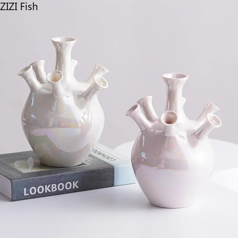 Gradual Color Heart Ceramic Vase Desk Decoration Porcelain Flowers Pots Imitation Heart Porous Flower Arrangement Floral Vases