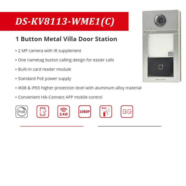 HIKVISION Original Multi-language POE Video intercom KIT,include DS-KV8113-WME1(C) & DS-KH6320-WTE1 & PoE Switch 4