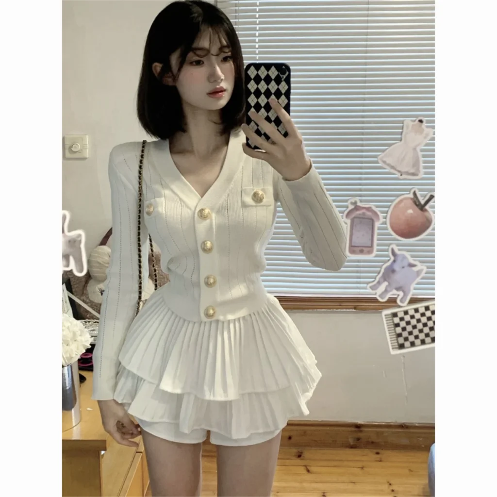 Autumn Korean Fashion Knitted Two-piece Skirt Set Women Casual Single Breasted V-neck Sweater Mini Ruffles Skirt Y2K New Outfits