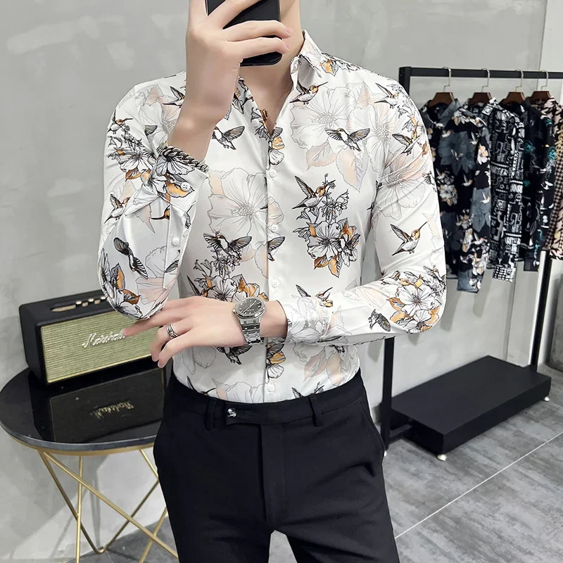 

2022 Floral Print Shirts Men Long Sleeve Slim Casual Shirt High Quality Business Formal Dress Shirts Social Party Tuxedo Blouse