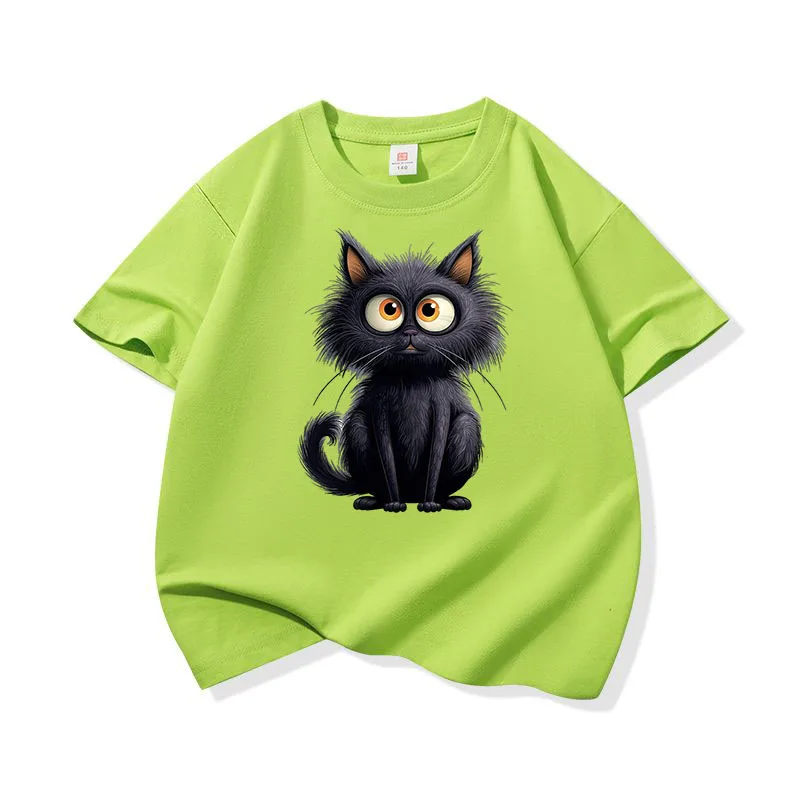 Adorable Black Cat Graphic Kids' Cotton Tee - Soft, Breathable Short Sleeve Shirt